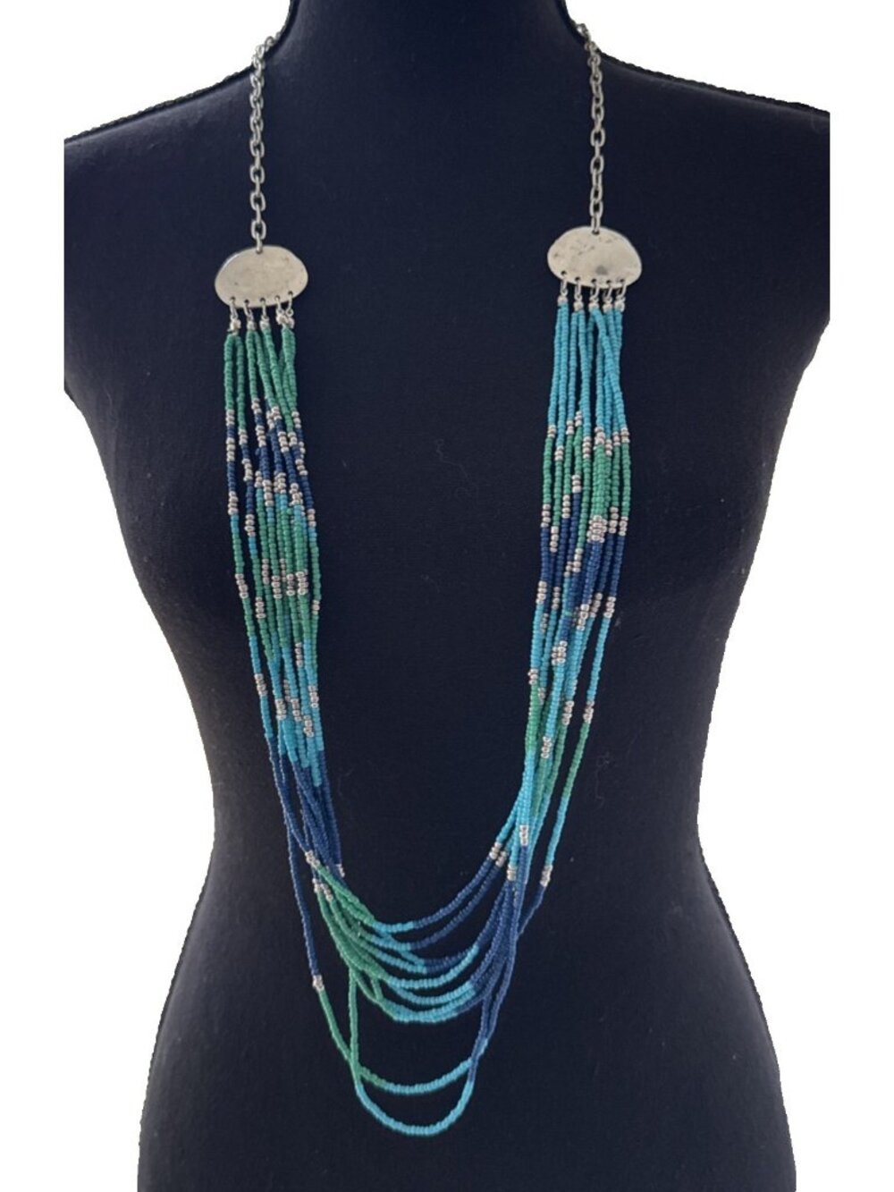 Chicos Silver Tone 21" Long Turquoise Bead Statement Necklace Layered Summer NEW